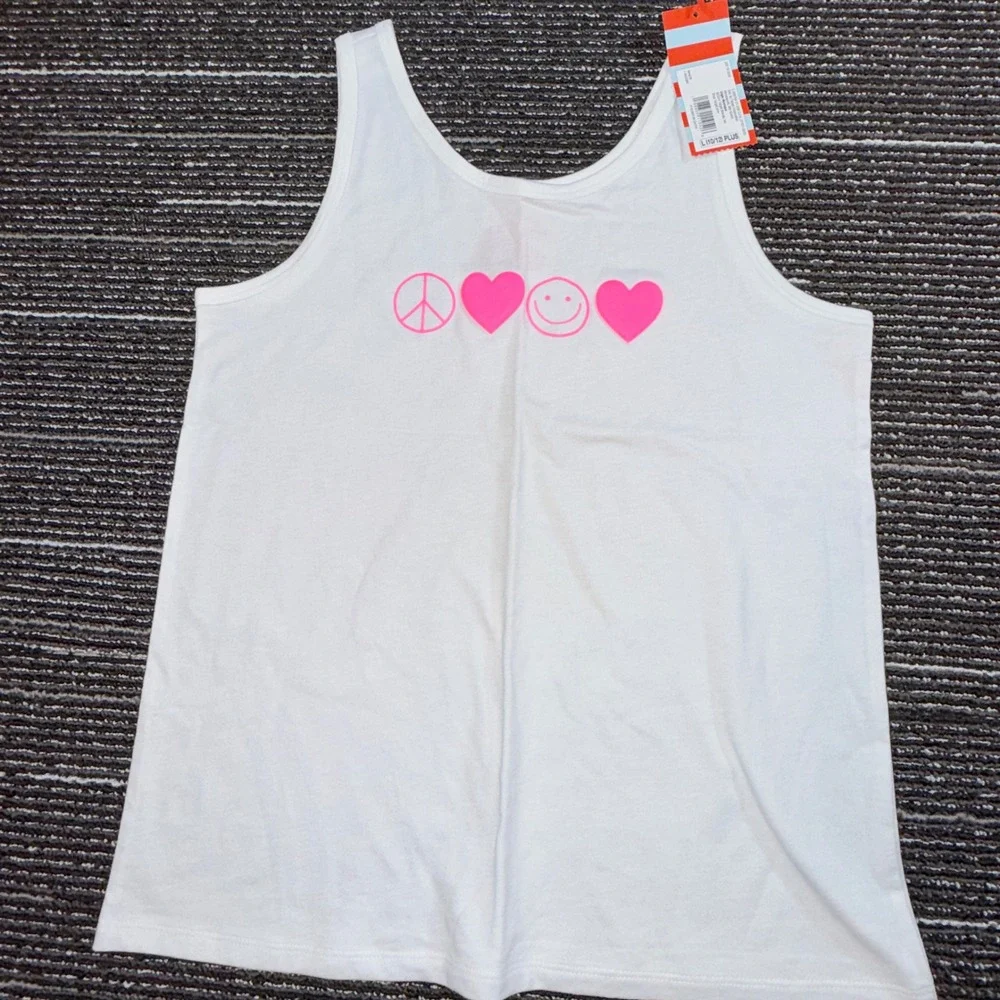 Cat & Jack Tank Top Kids L 10/12 Plus New White Peace Love Smiley Graphic
